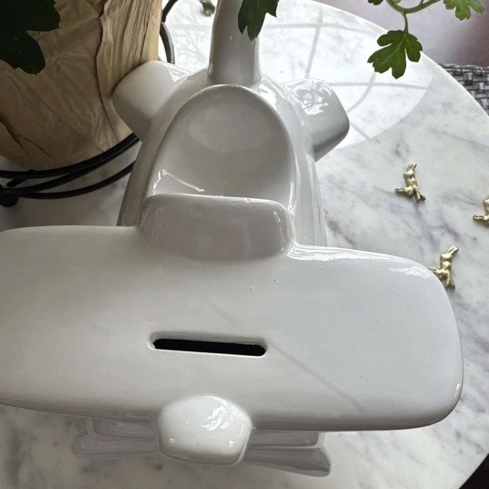 Large White Ceramic Airplane Piggy Bank – Modern Aviation Nursery Decor Gift